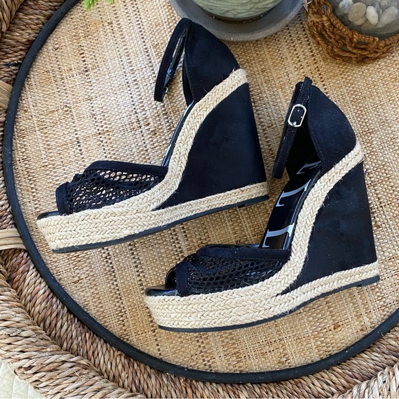 Black Open Toe Mesh Espadrille Ankle Strap Wedge Sandal - Picture 2 of 9